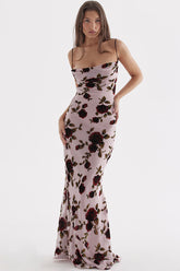 Robe longue vintage à col bénitier et imprimé en maille dos nu, style queue de poisson - Motif floral